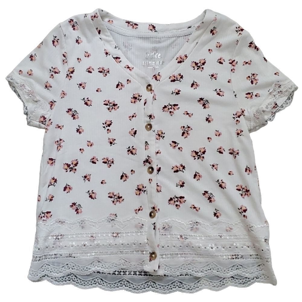 Justice Girls Size 12 Floral Lace Edged Short Sleeve Top